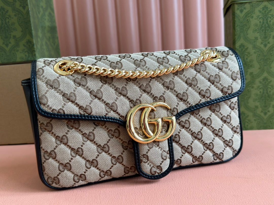 GUCCI MARMONT MEDIUM SHOULDER BAG 26 IN BEIGE AND BROWN  CANVAS BLACK CALFSKIN GOLD HARDWARE