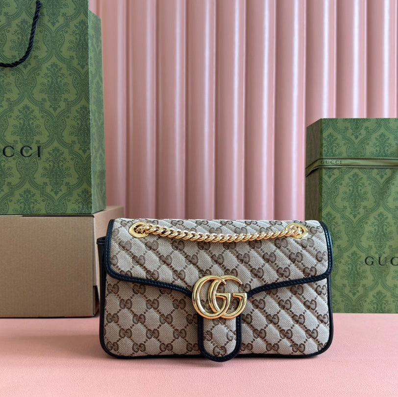 GUCCI MARMONT MEDIUM SHOULDER BAG 26 IN BEIGE AND BROWN  CANVAS BLACK CALFSKIN GOLD HARDWARE