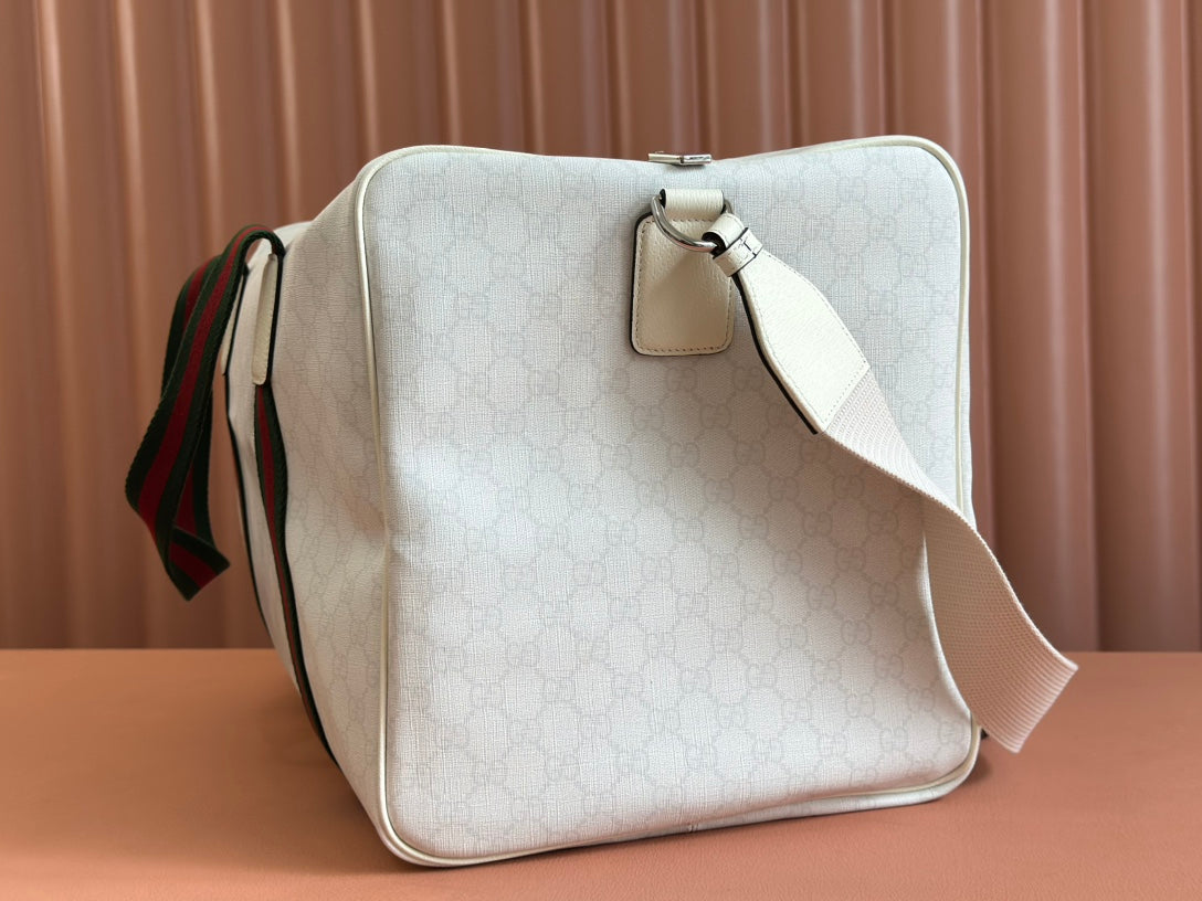 GUCCI MEDIUM DUFFLE BAG WITH WEB 47 IN WHITE SOFT  CALFSKIN