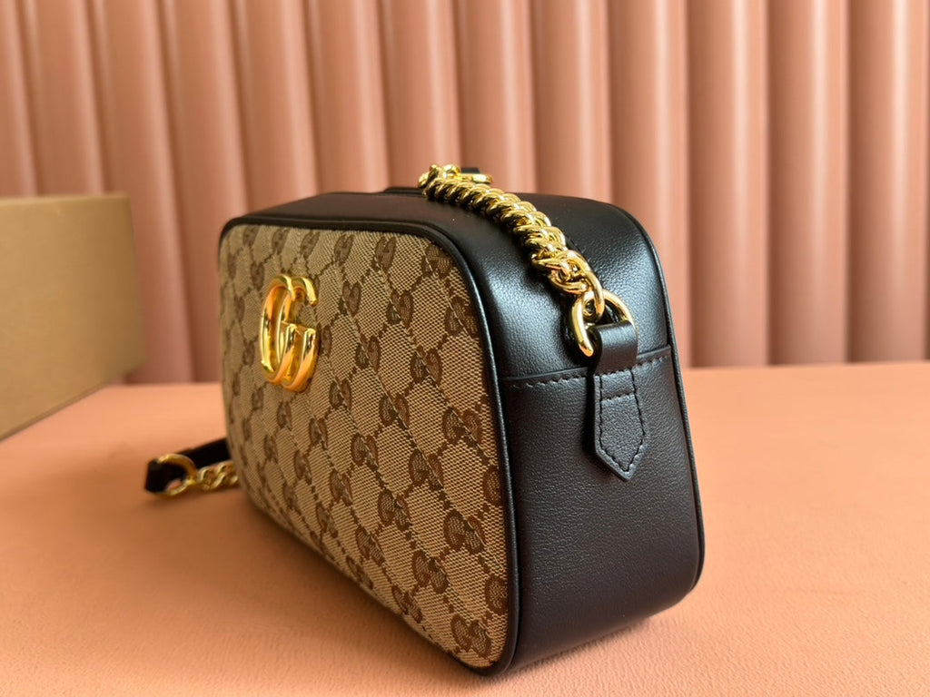 GUCCI MARMONT MEDIUM SHOULDER BAG 24 IN BEIGE AND BROWN  CANVAS BLACK CALFSKIN