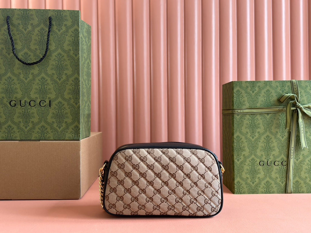 GUCCI MARMONT MEDIUM SHOULDER BAG 24 IN BEIGE AND BROWN  CANVAS BLACK CALFSKIN