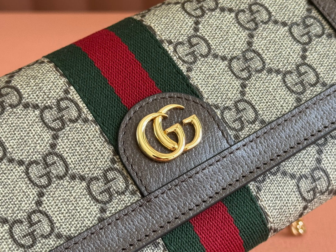 GUCCI OPHIDIA WALLET ON GOLD CHAIN 19 IN BEIGE AND DARK BROWN CANVAS AND BROWN CALFSKIN