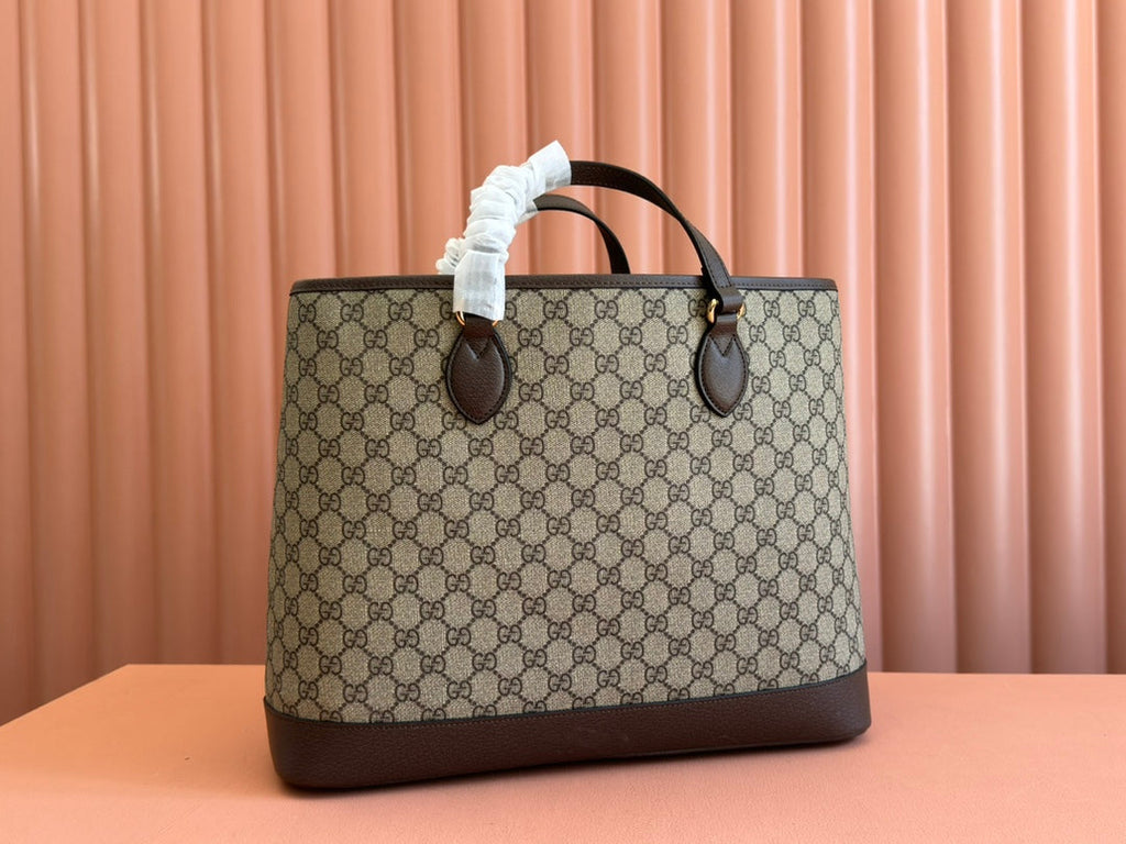 GUCCI OPHIDIA MEDIUM TOTE BAG 38.5 BEIGE CANVAS AND BROWN CALFSKIN