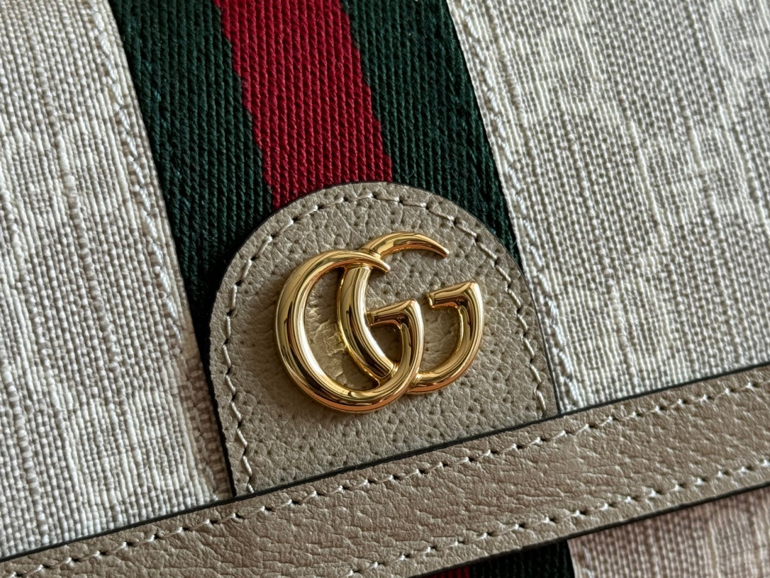 GUCCI OPHIDIA WALLET ON GOLD CHAIN 19 IN LIGHT BEIGE  CANVAS AND LIGHT BROWN CALFSKIN