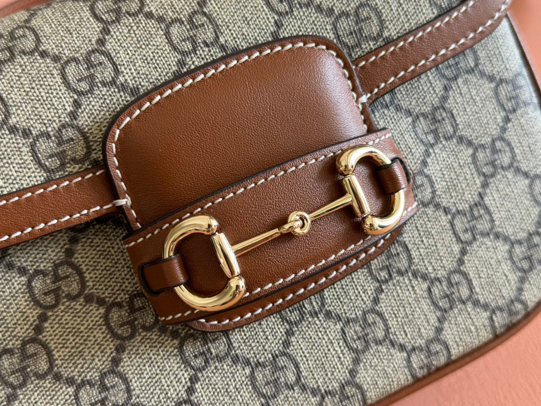 GUCCI SMALL HORSEBIT 1955 SHOULDER BAG 20 IN BEIGE AND DARK BROWN NEW  MONOGRAM CALFSKIN