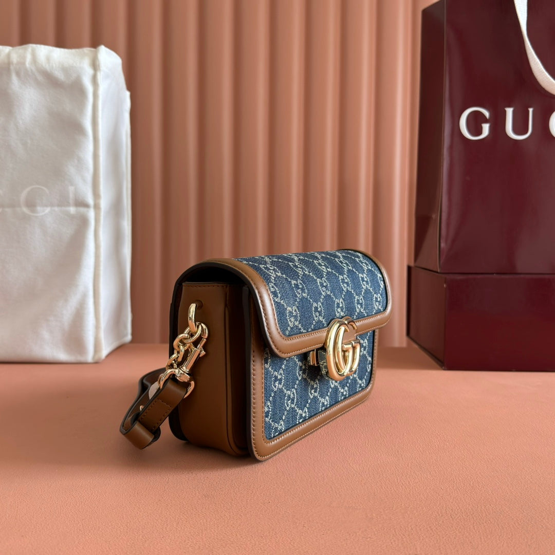 GUCCI GO SMALL SHOULDER BAG 21.5 IN BLUE DENIM BROWN CALFSKIN