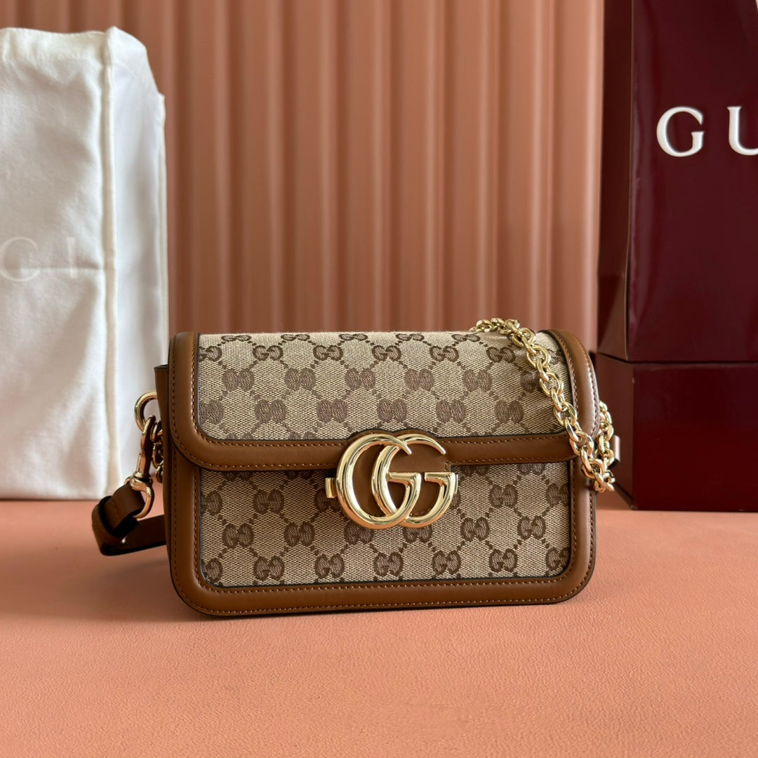 GUCCI GO SMALL SHOULDER BAG 21.5 IN BEIGE CANVAS BROWN CALFSKIN