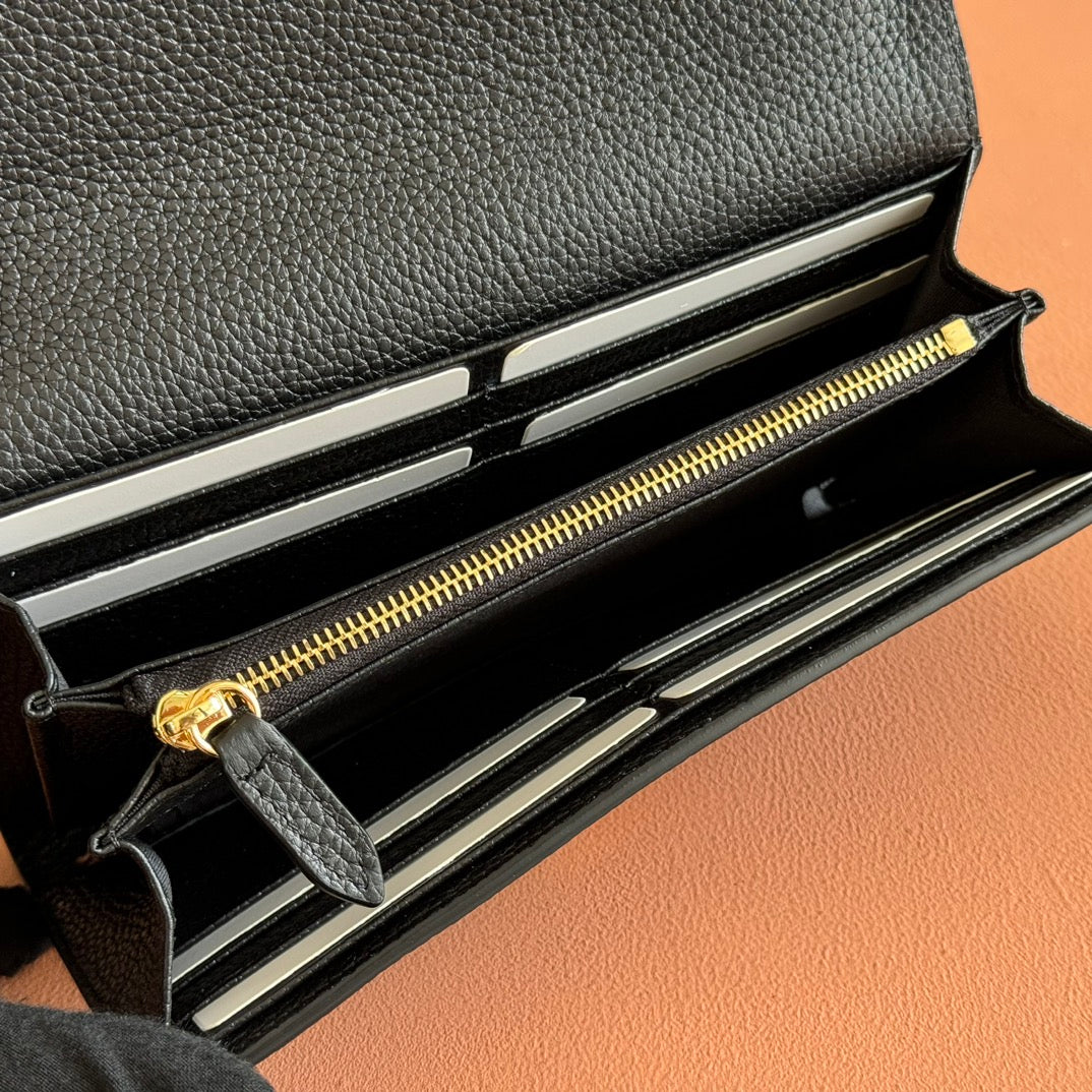GUCCI SOFTBIT CONTINENTAL WALLET 19 IN BLACK GRAINY CALFSKIN GOLD HARDWARE