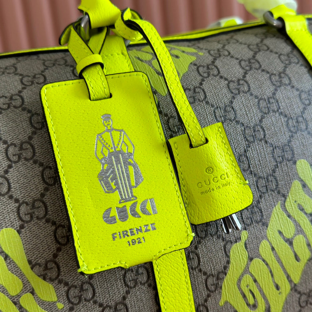 GUCCI CHROMA LARGE DUFFLE BAG 45 LIME GREEN IN  MONOGRAM CANVAS