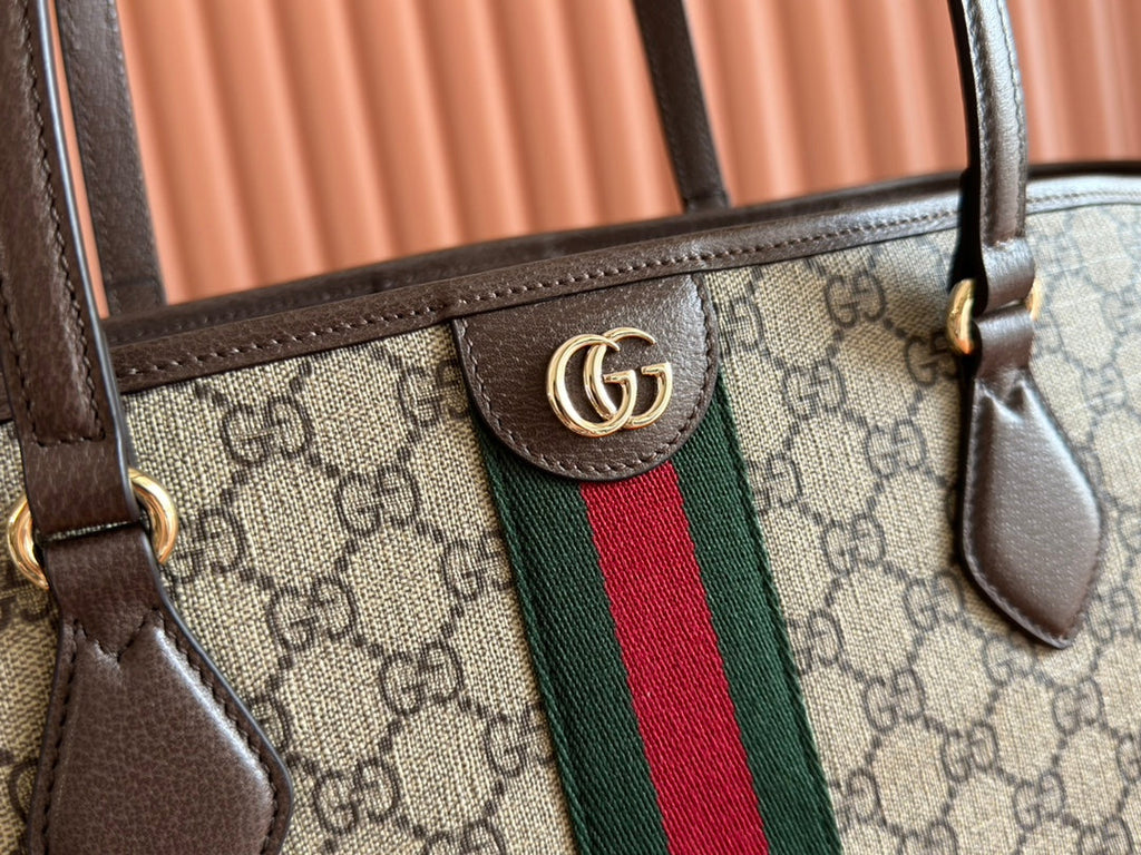 GUCCI OPHIDIA MEDIUM TOTE BAG 31 BEIGE AND DARK BROWN CANVAS