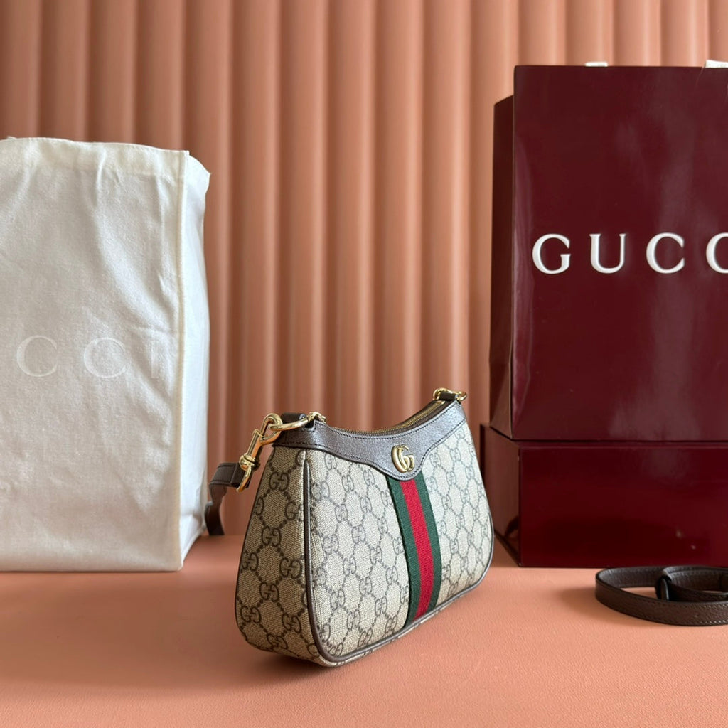 GUCCI OPHIDIA SMALL SHOULDER BAG 26 IN BEIGE AND DARK BROWN CANVAS