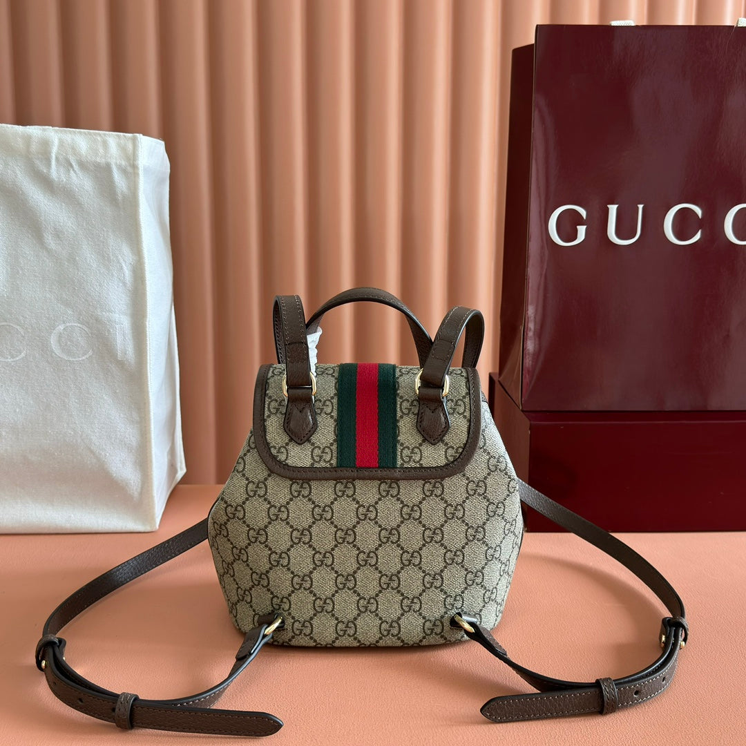 GUCCI 25S OPHIDIA SMALL BACKPACK 20 IN BEIGE AND EBONY CALFSKIN