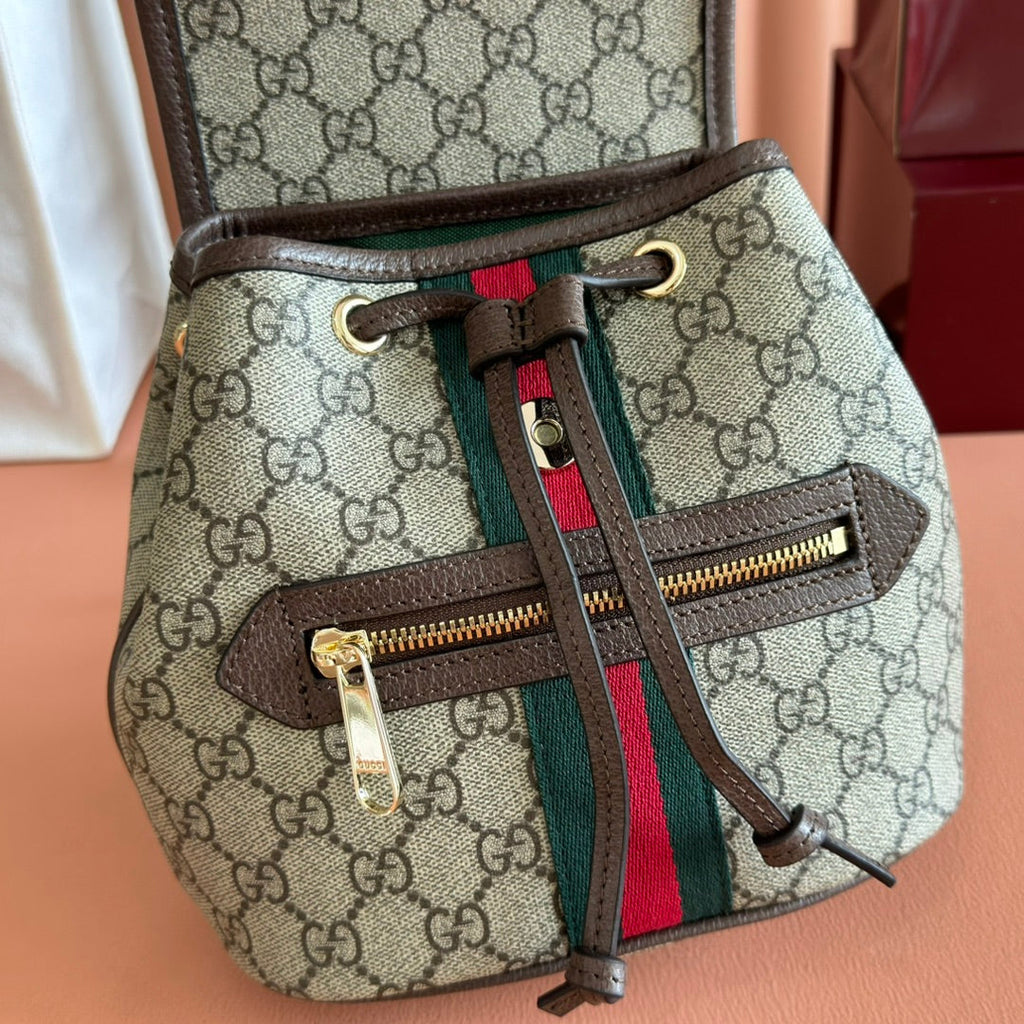 GUCCI 25S OPHIDIA SMALL BACKPACK 20 IN BEIGE AND EBONY CALFSKIN