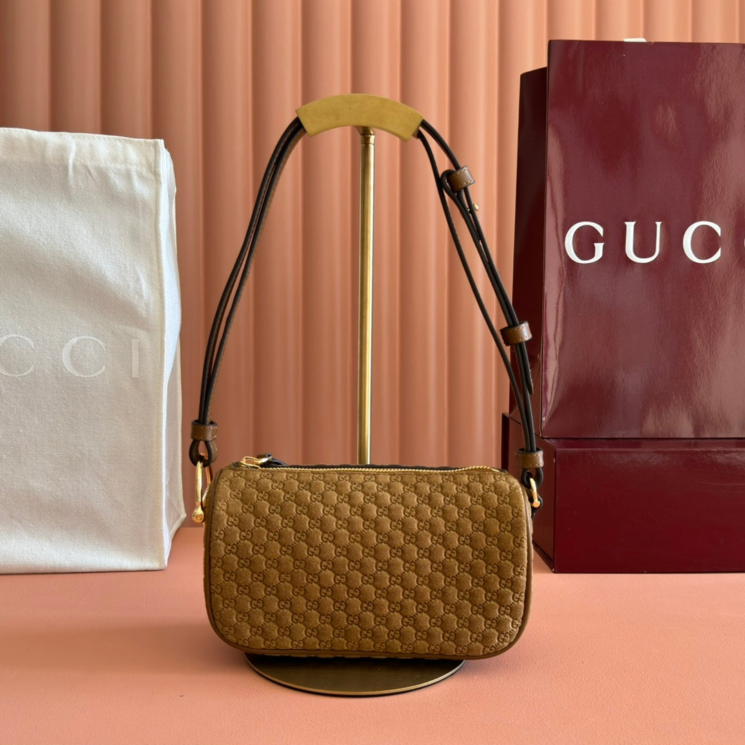 GUCCI 26S SHOULDER BAG 19 IN BROWN EMBOSSED SUEDE