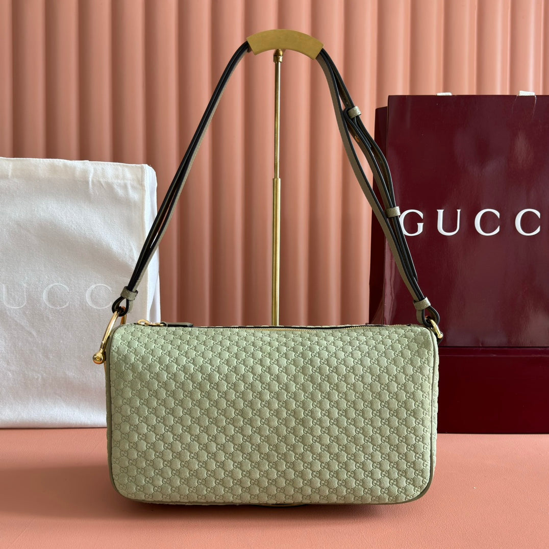 GUCCI 26S SHOULDER BAG 31 IN LIGHT GREEN EMBOSSED SUEDE