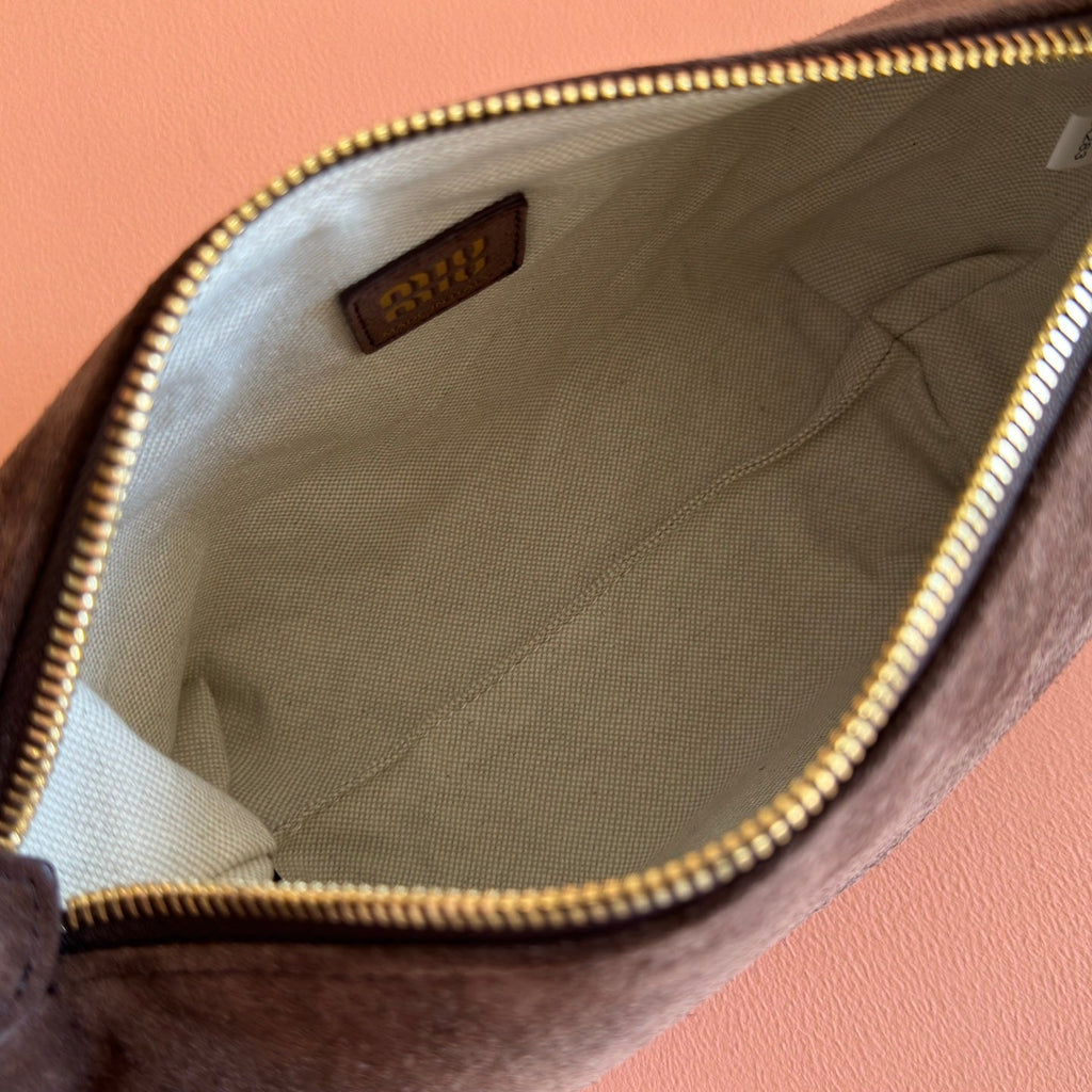MIUMIU 26S CORDUROY POUCH BAG 25 IN CHOCOLATE BROWN SUEDE GOLD HARDWARE