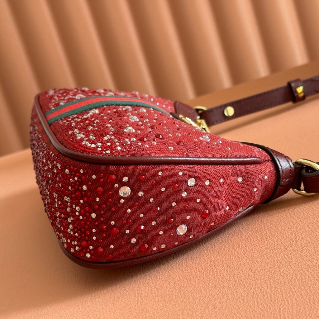 GUCCI 26S OPHIDIA SHOULDER BAG 26 IN DARK RED CANVAS EMBELLISHED WITH RHINESTONES