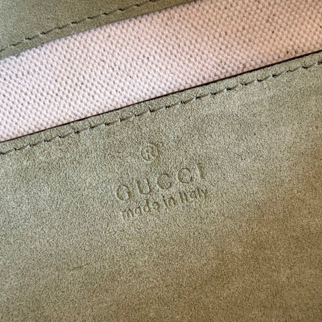 GUCCI 26S SHOULDER BAG 28 IN SAGE GREEN EMBOSSED SUEDE