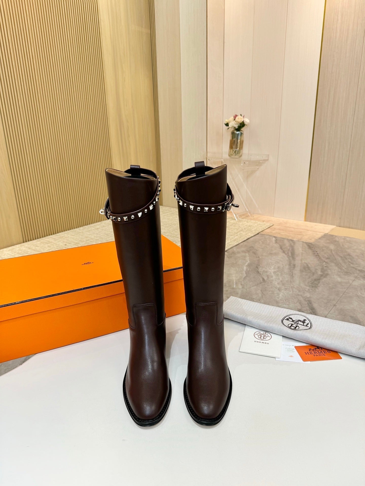 HERMES 25S KNEE-HIGH FLAT BOOTS IN DARK BROWN LAMBSKIN WITH SILVER HARDWARE