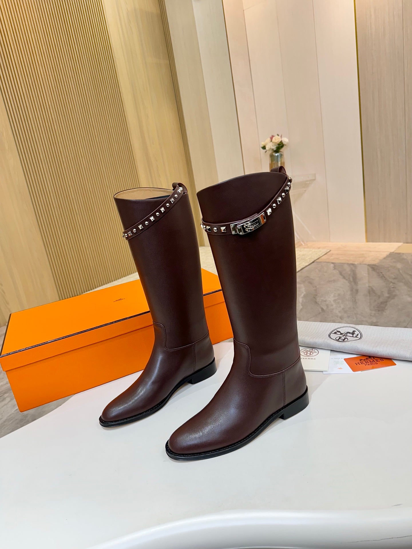 HERMES 25S KNEE-HIGH FLAT BOOTS IN DARK BROWN LAMBSKIN WITH SILVER HARDWARE