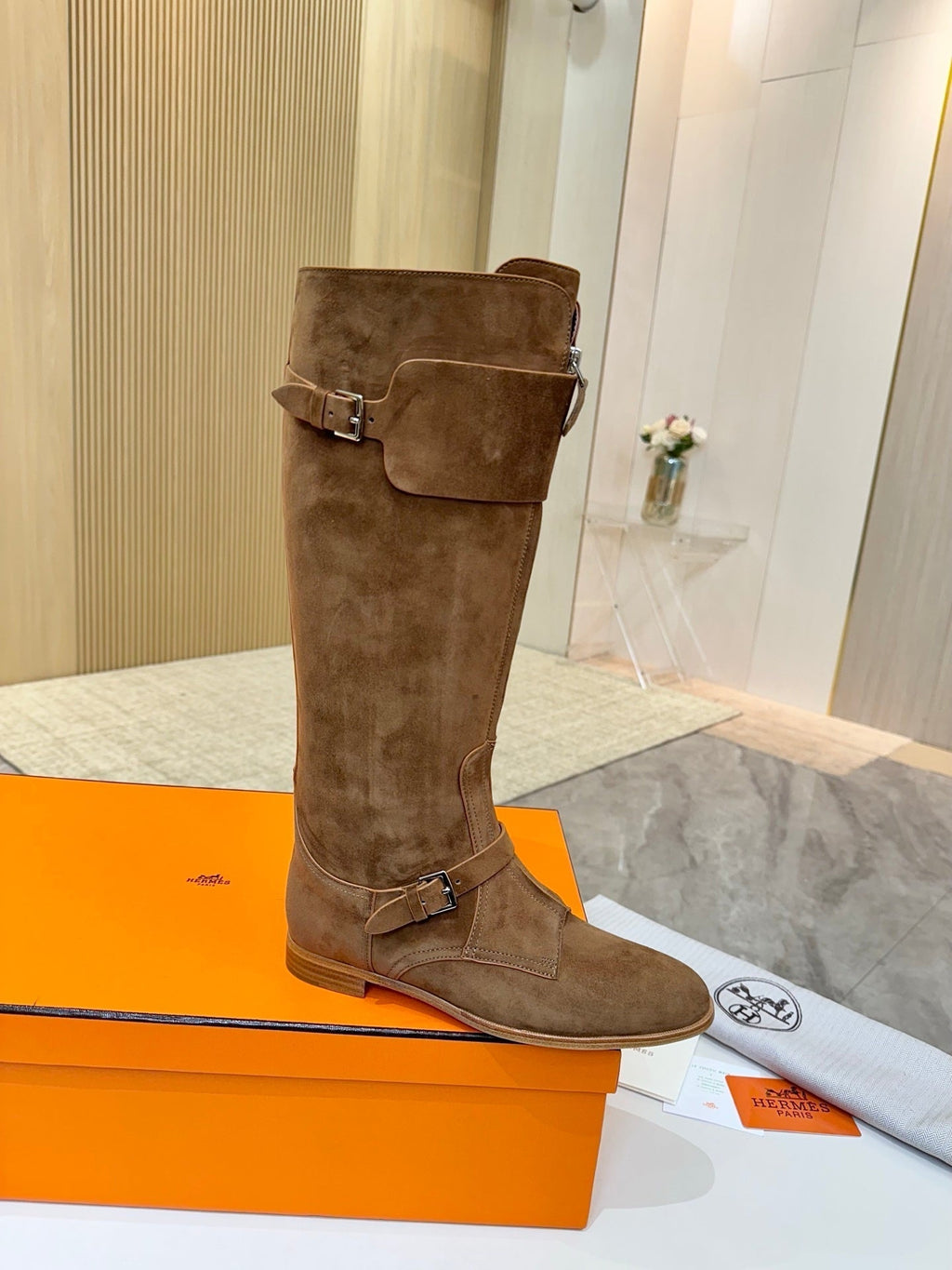 HERMES 25S RIDING BOOTS IN BROWN SUEDE WITH SILVER HARDWARE