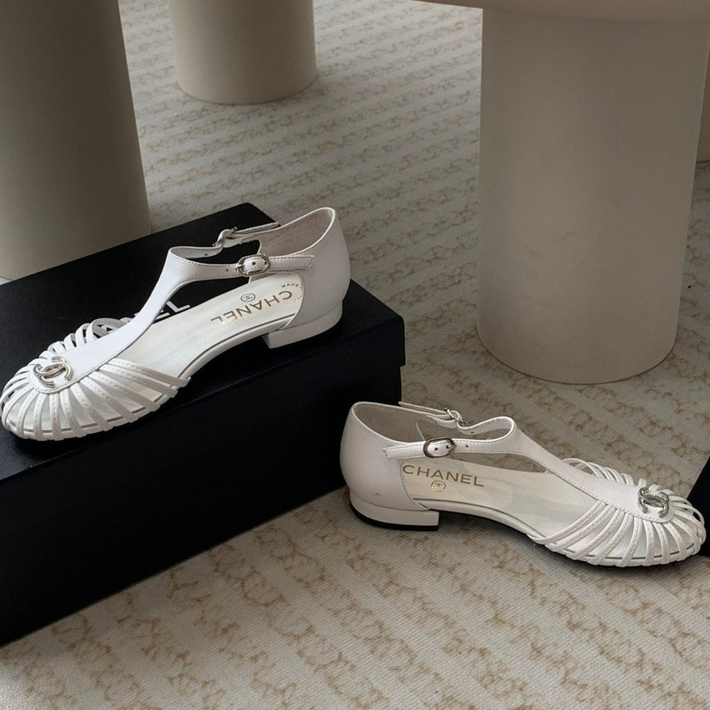 CHANEL Summer New Hollow Roman Sandals White Sheepskin
