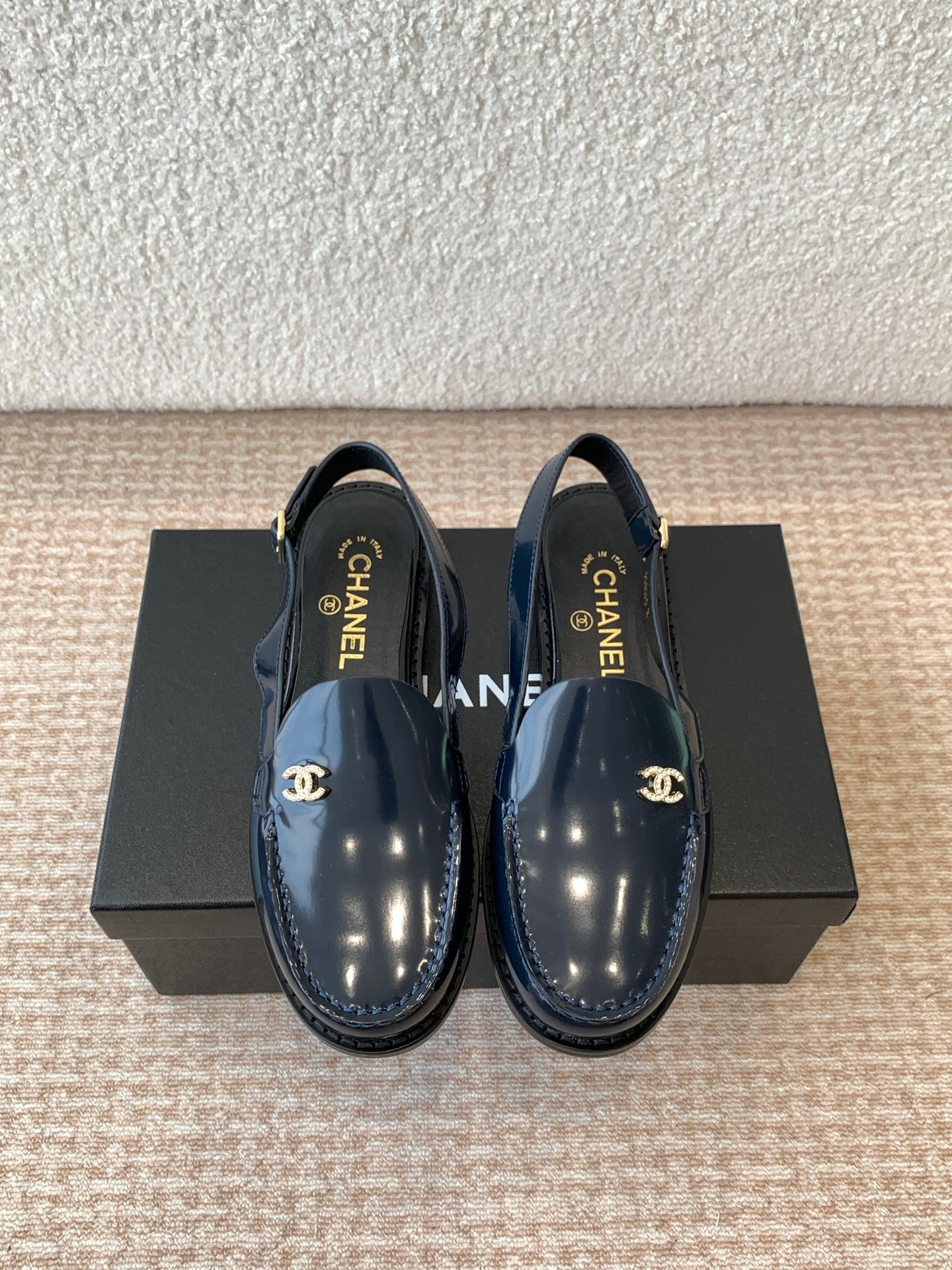 CHANEL MOASIN SLINGBACK IN AEGEAN BLUE PATENT CALFSKIN