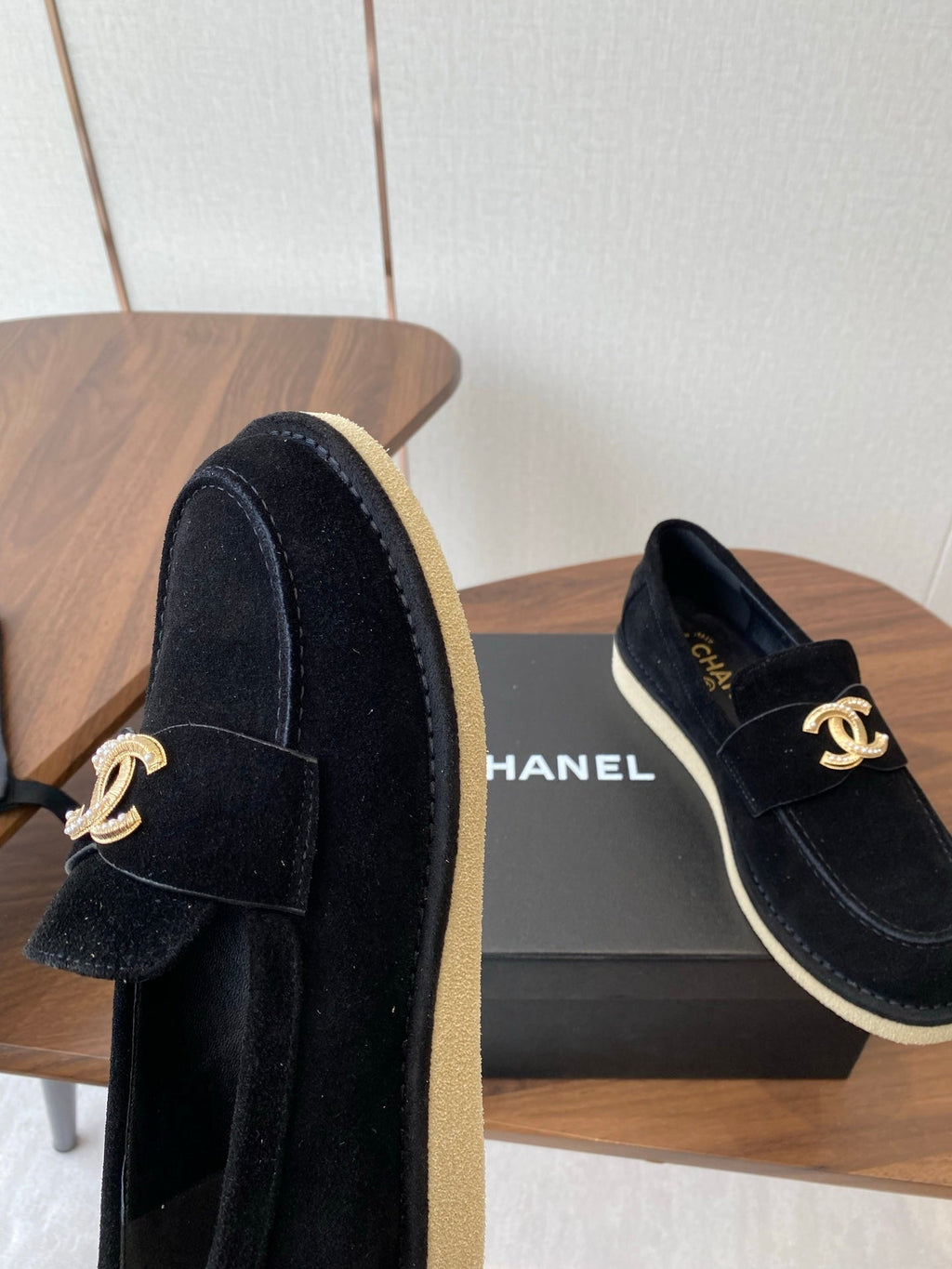 CHANEL LOAFERS IN BLACK SUEDE GOLD HARDWARE