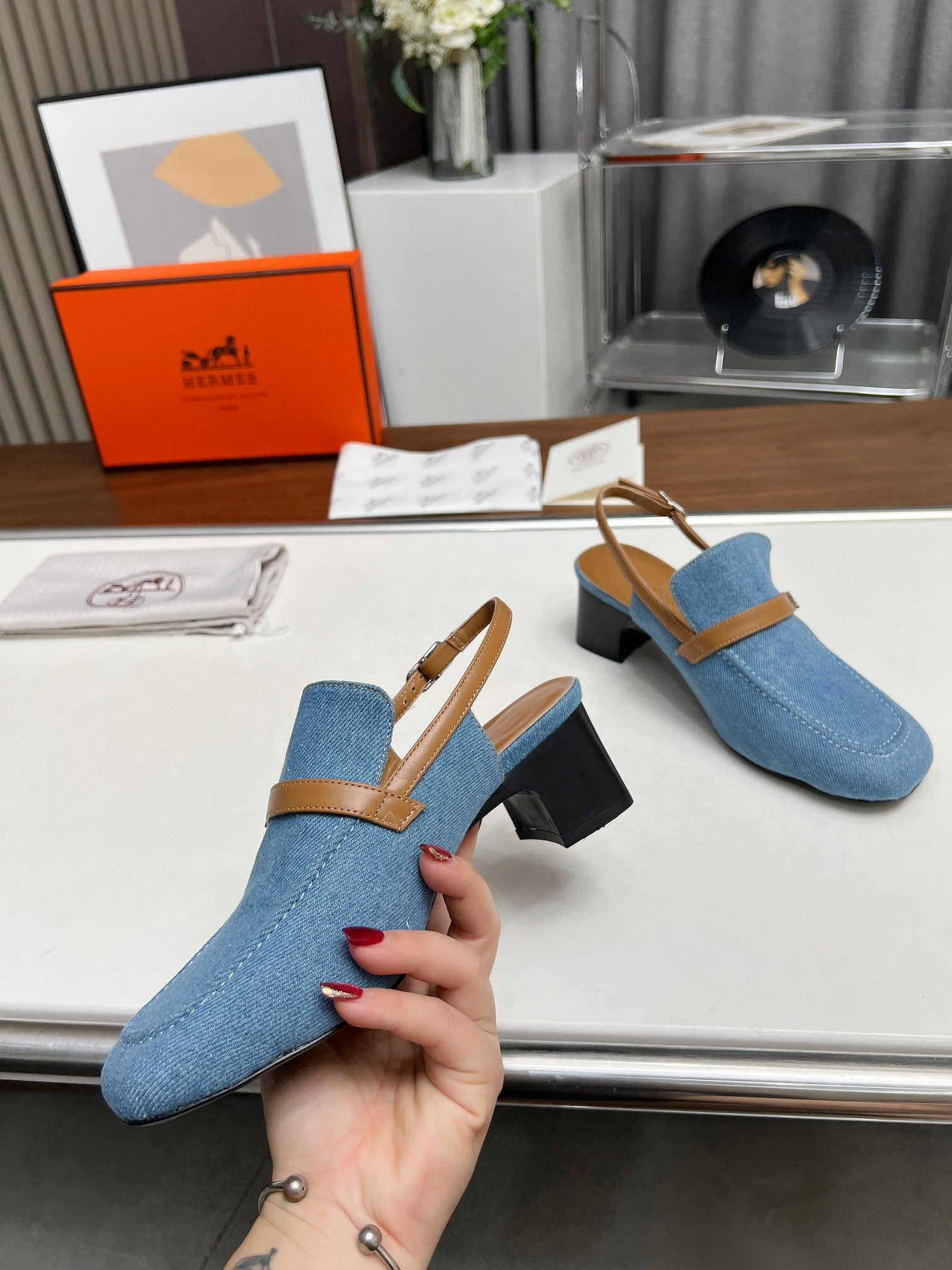 HERMES SQUARE TOE SLINGBACK DENIM CALFSKIN