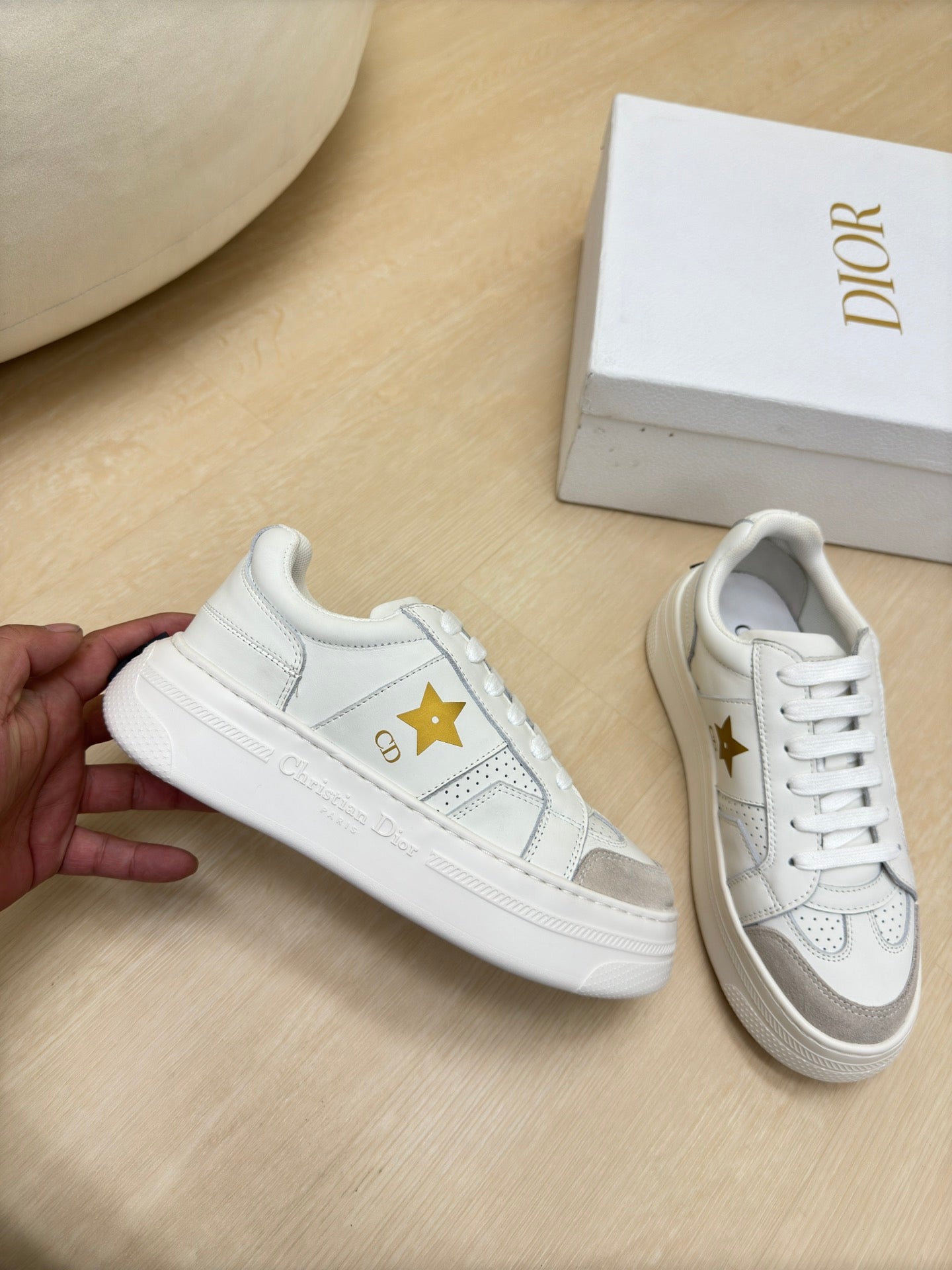 DIOR GOLD STAR PLATFORM SNEAKER IN WHITE CALFSKIN AND SUEDE