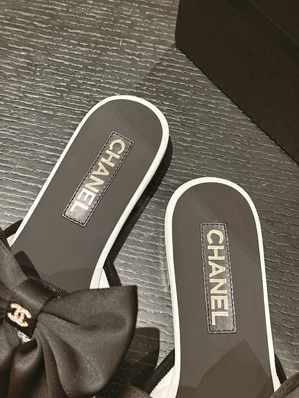CHANEL BOW LADY SLIPPERS BLACK LAMBSKIN WITH WHITE RHINESTONES