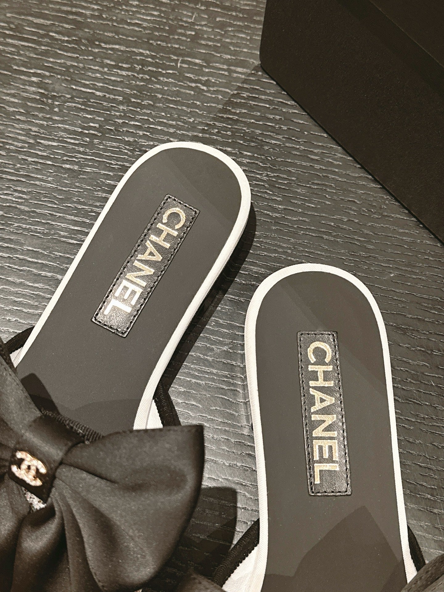 CHANEL BOW LADY SLIPPERS BLACK LAMBSKIN WITH WHITE RHINESTONES