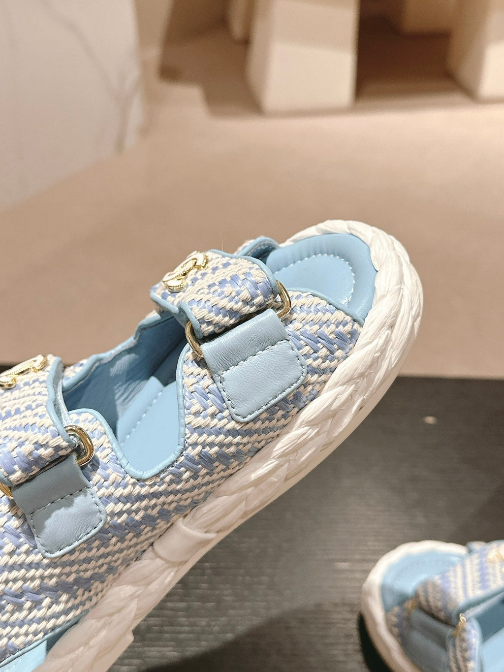 CHANEL DAD SANDALS IN LIGHT BLUE CALFSKIN