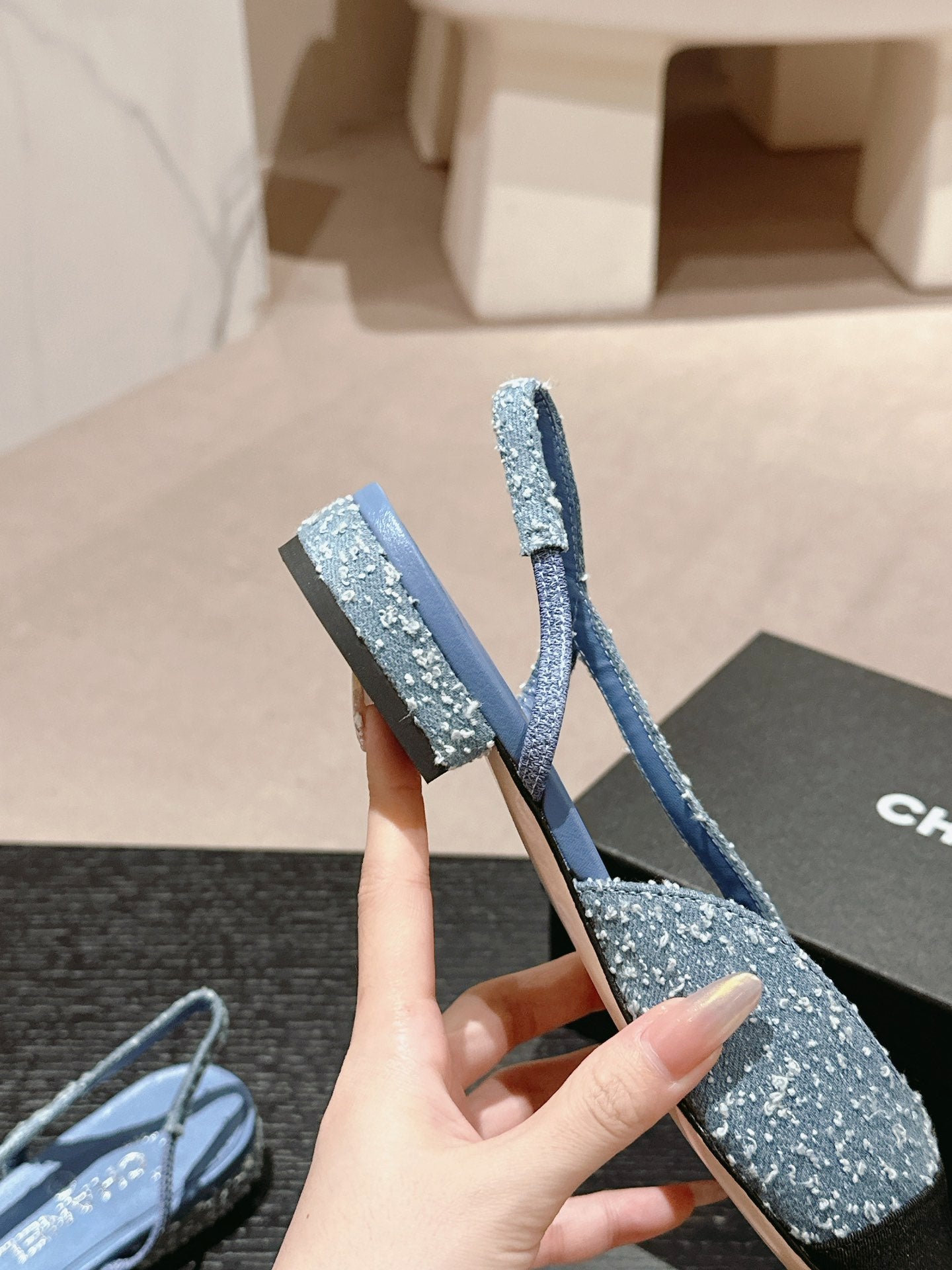 CHANEL SLINGBACKS IN LIGHT BLUE DENIM AND BLACK SATIN