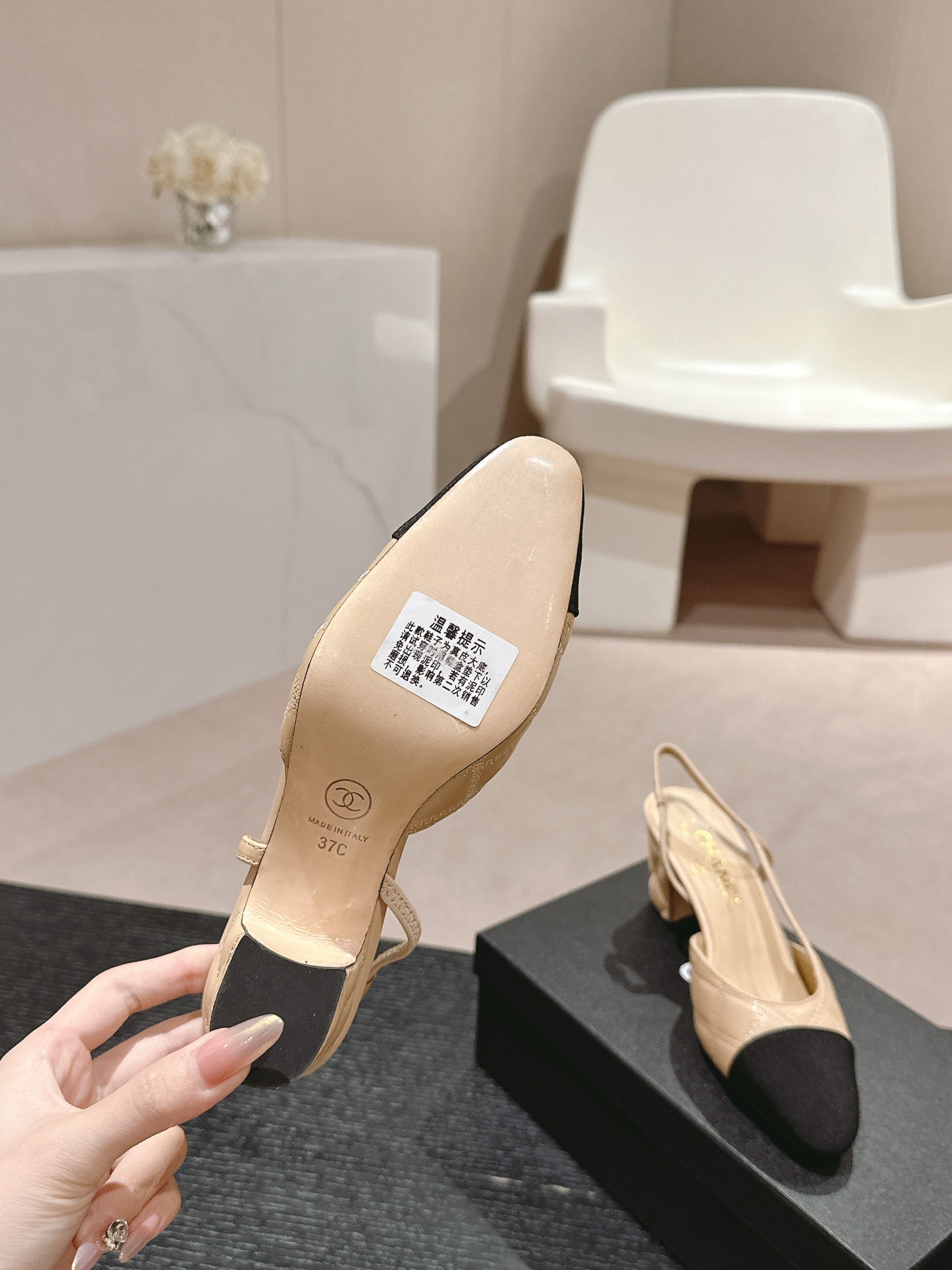 CHANEL HIGH SLINGBACKS IN BEIGE CREAM LAMBSKIN AND BLACK SATIN