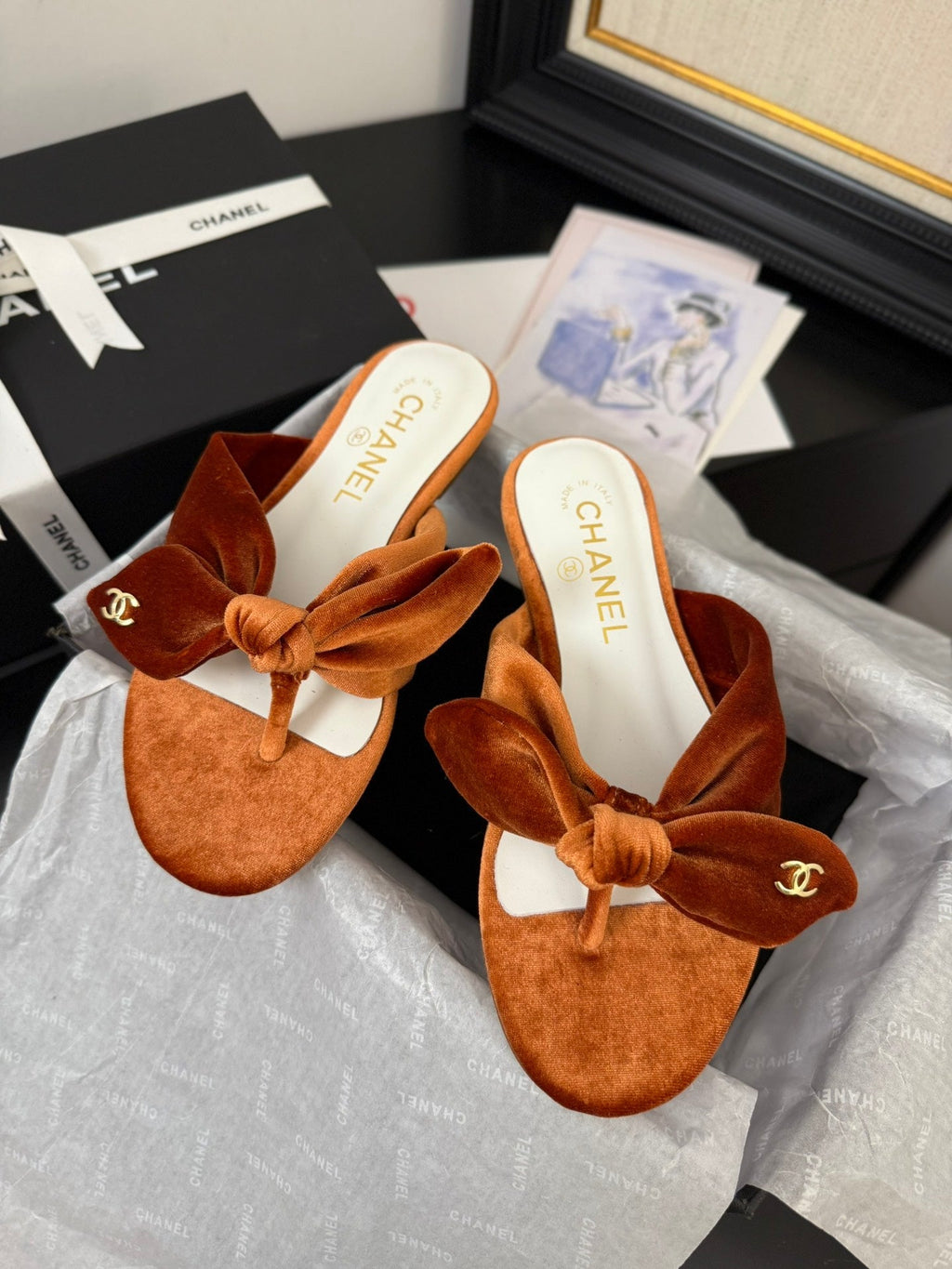 CHANEL 25C Thong Sandal Bow Pumpkin Velvet fabric 233565