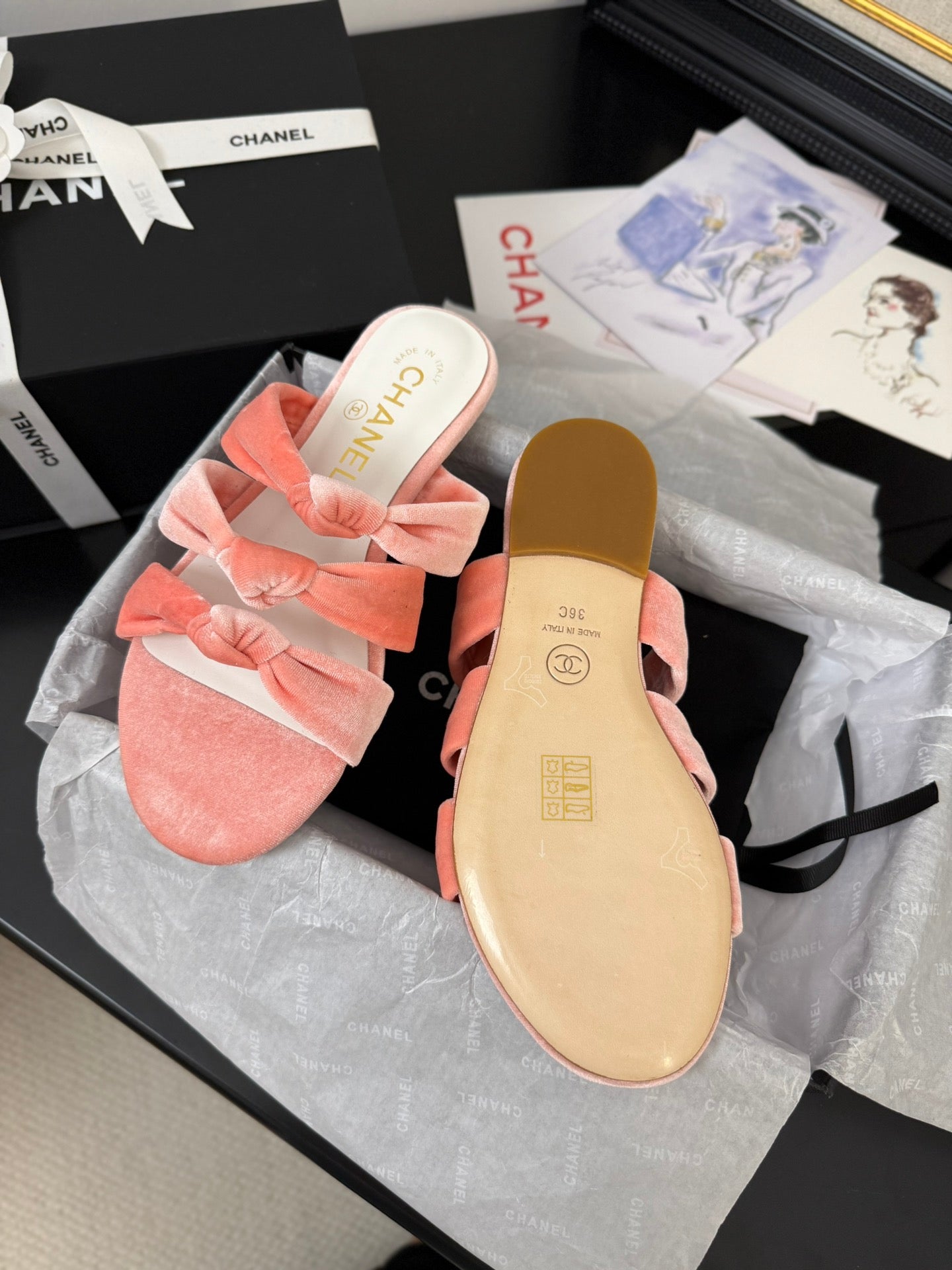 CHANEL 25C Three Strap Mule Pink Velvet fabric 233561