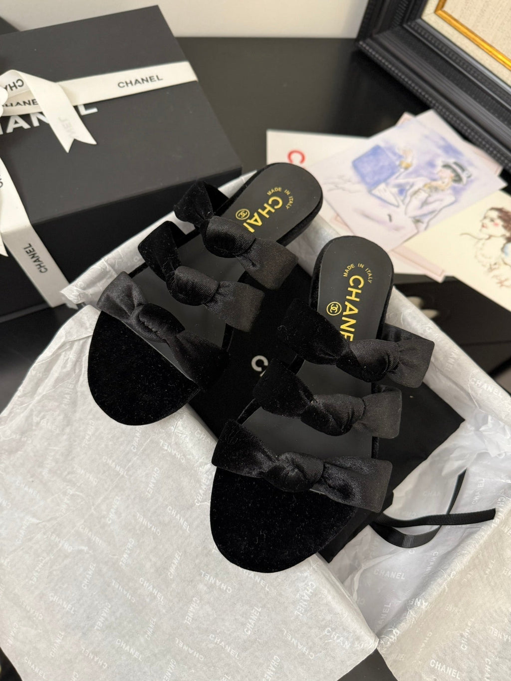 CHANEL 25C Three Strap Mule Black Velvet fabric 233559