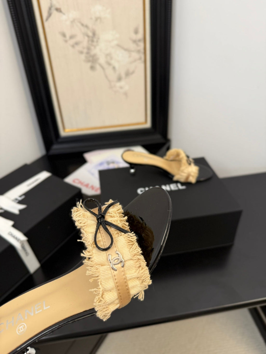 CHANEL SAND YELLOW GROSGRAIN CANVAS BOW MULE SANDALS 65 MM