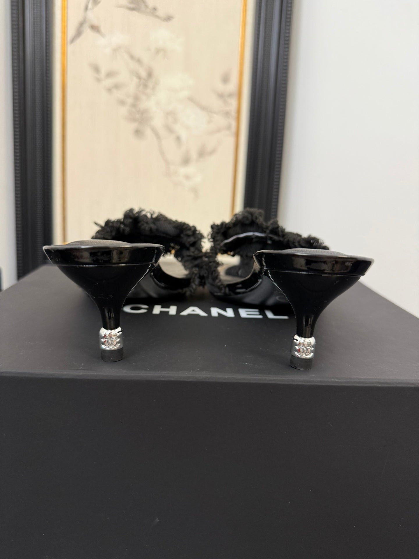 CHANEL BLACK GROSGRAIN CANVAS BOW MULE SANDALS 65 MM