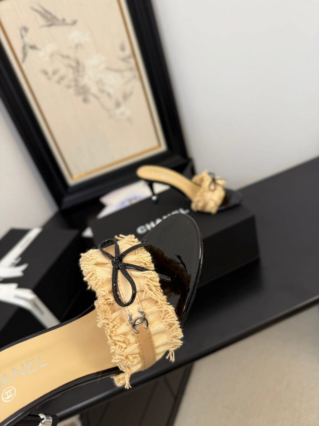 CHANEL SAND YELLOW GROSGRAIN CANVAS BOW MULE SANDALS 90 MM