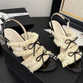 CHANEL WHITE GROSGRAIN CANVAS BOW SLINGBACK SANDALS