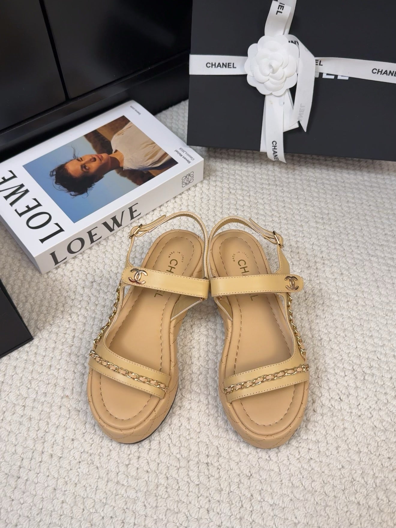 CHANEL THICK-SOLED SANDALS 55 MM IN SAND YELLOW CALFSKIN