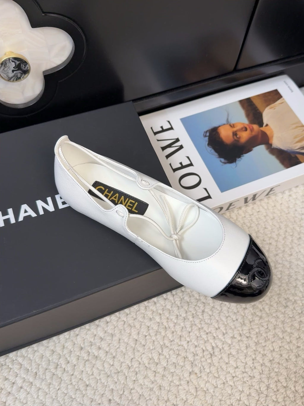CHANEL FLAT MARY JANE PUMPS IN WHITE MIX BLACK LAMBSKIN