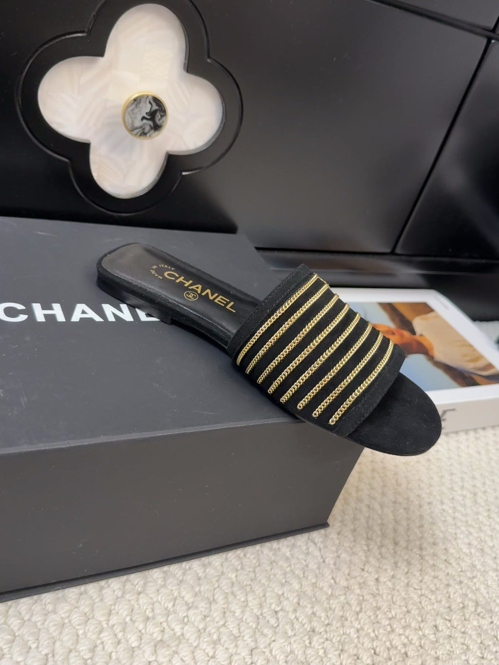 CHANEL FLAT SLIDE IN BLACK SUEDE WITH GOLD CRYSTALS