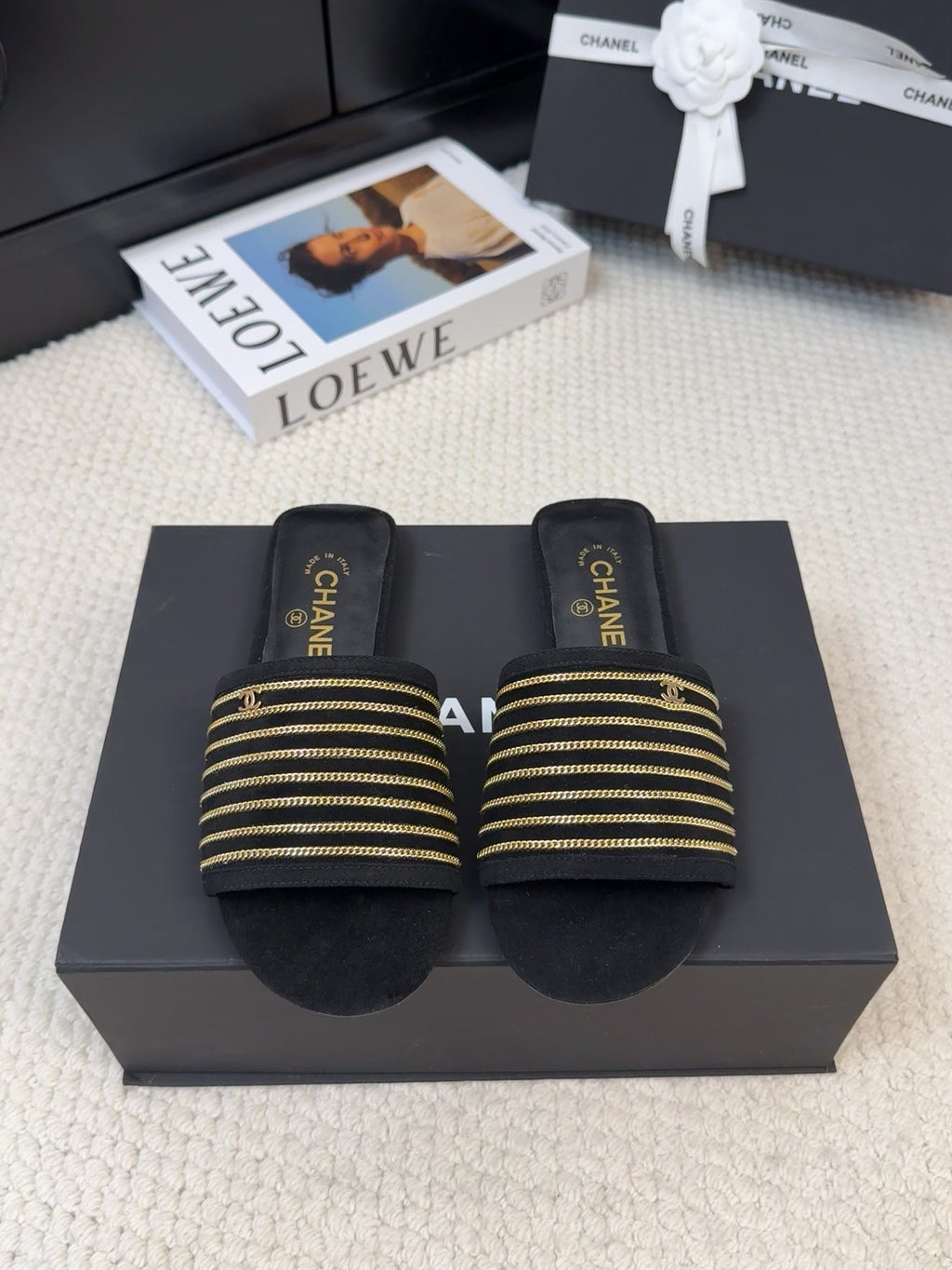 CHANEL FLAT SLIDE IN BLACK SUEDE WITH GOLD CRYSTALS