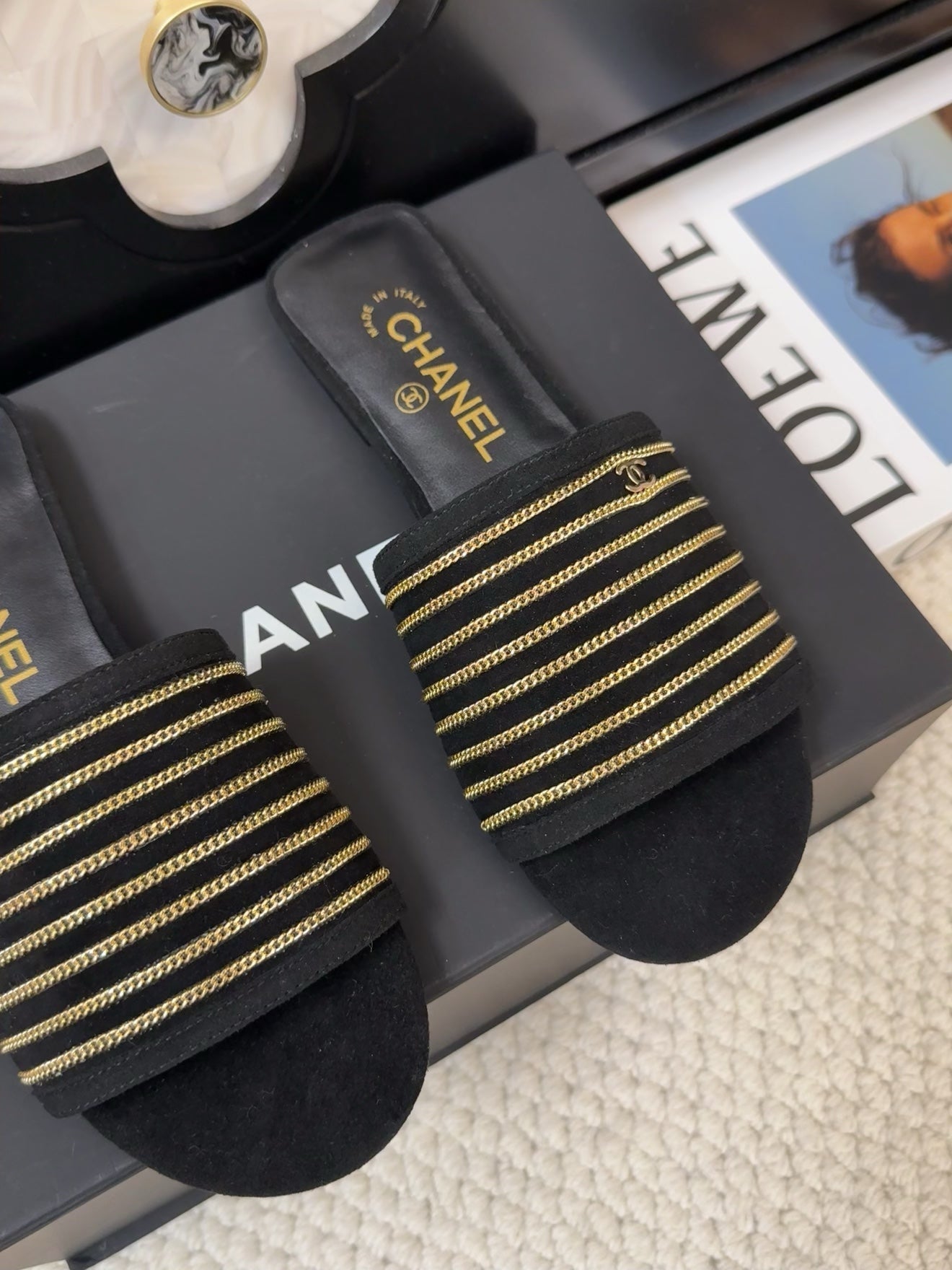CHANEL FLAT SLIDE IN BLACK SUEDE WITH GOLD CRYSTALS