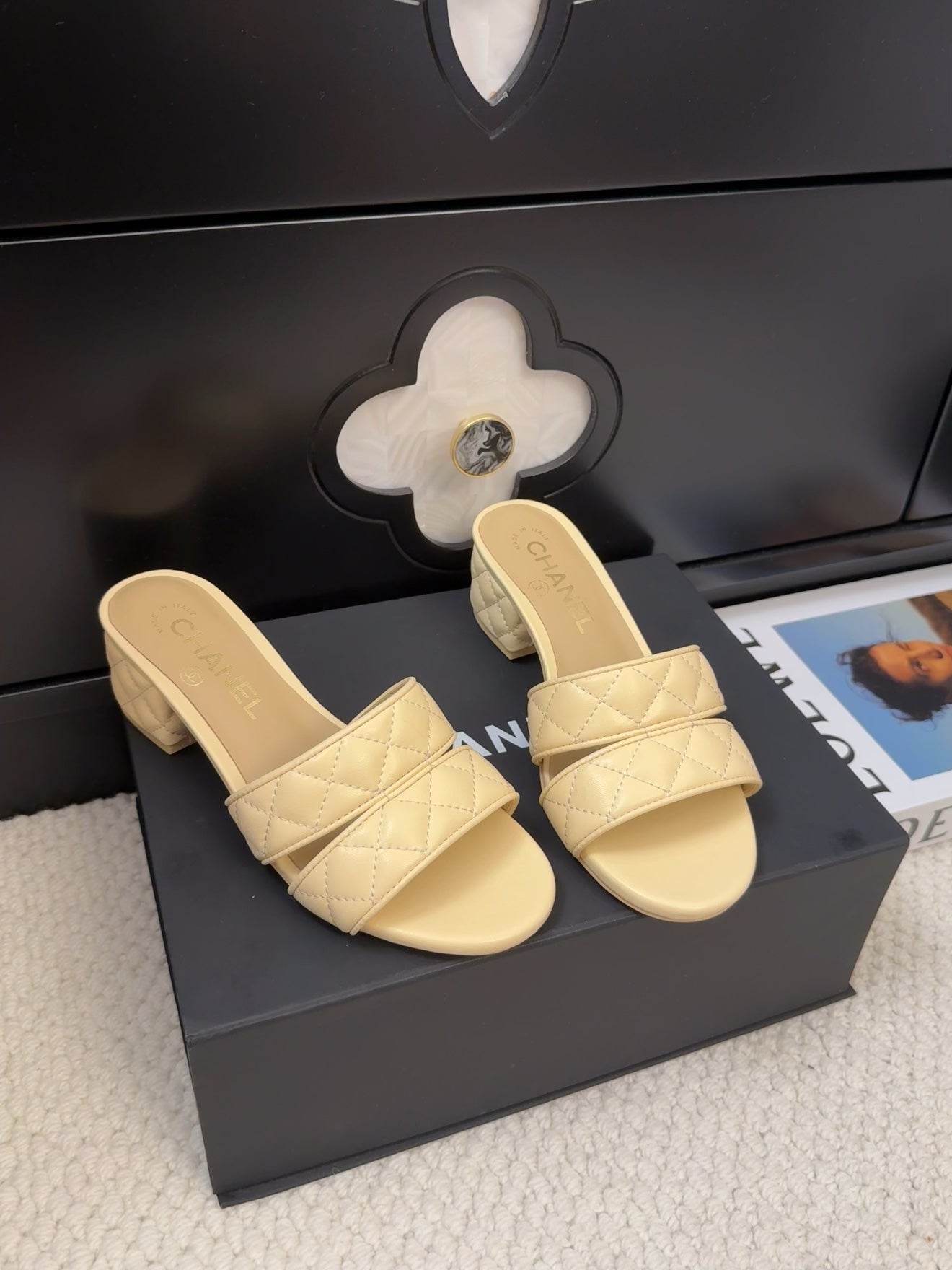 CHANEL 25C Mule Sandal 45mm Open Heel Beige Lambskin 233493