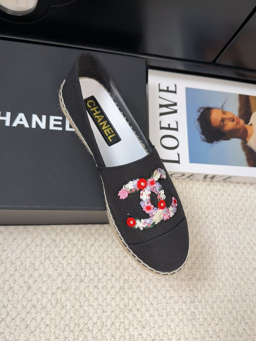 CHANEL LOAFER IN BLACK CANVAS WITH COLORFUL LOGO