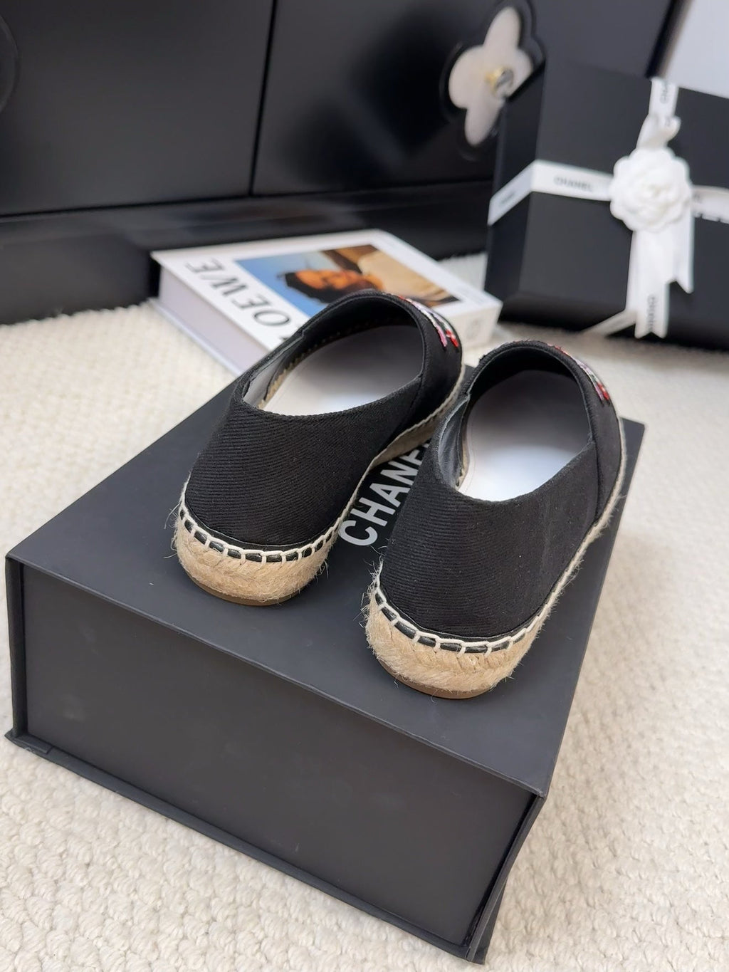 CHANEL LOAFER IN BLACK CANVAS WITH COLORFUL LOGO